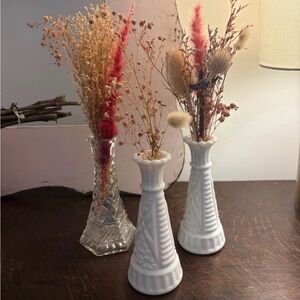 Vintage Milk Glass Vases with Dried Floral Arrangement